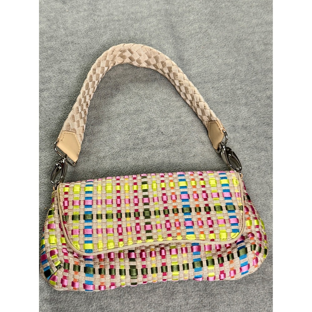 The Sak Multi Color Woven Ribbon Baguette Shoulder Bag Y2K Braided Strap